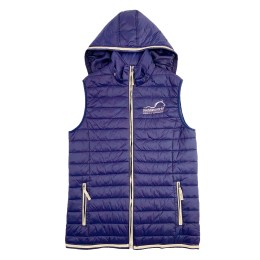 Custom-made women's loose hooded down vest jacket with embroidered logo and button design on the back hem Equestrian club J972 Custom-made women's loose hooded down vest jacket with embroidered logo and button design on the back hem Equestrian club J972